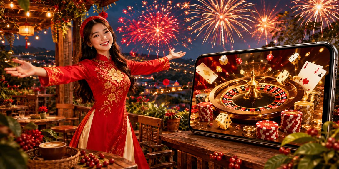 Phụ nữ áo dài chơi casino mobile tại Đà Lạt với khung cảnh thiên nhiên trong lành