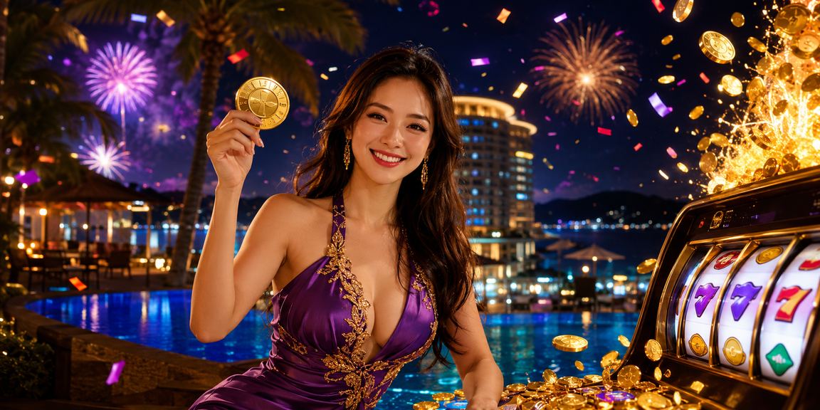 Người chơi slots casino tại lễ hội đêm Nha Trang sôi động với ánh đèn màu sắc rực rỡ
