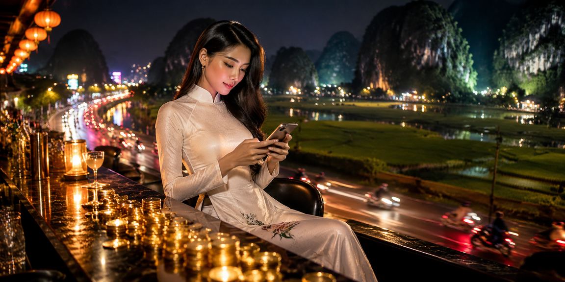 Người phụ nữ mặc áo dài Ninh Bình tham gia casino trên điện thoại di động giữa cảnh thiên nhiên xanh